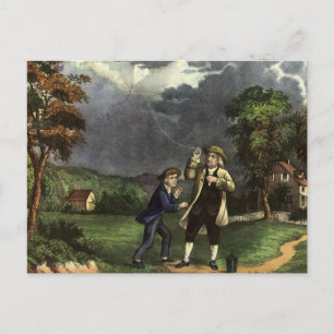 Postal El relámpago de Benjamin Franklin con el experimen