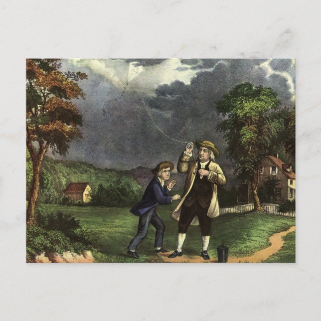 Postal El relámpago de Benjamin Franklin con el experimen (Anverso)