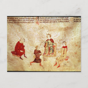 Postal El Rey Arturo en su trono rodeado