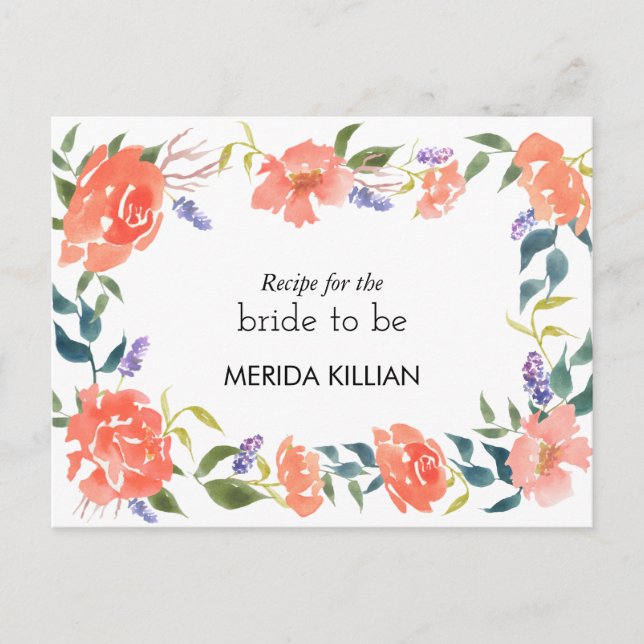 Postal El rosa rojo de la acuarela florece receta nupcial (Anverso)