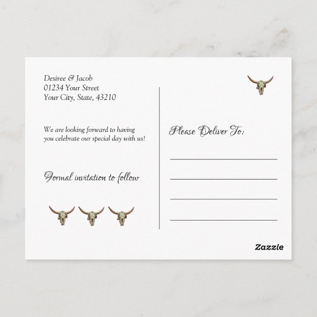 Postal El Rústico Boda Western Bull Skull Salva La Fecha (Reverso)