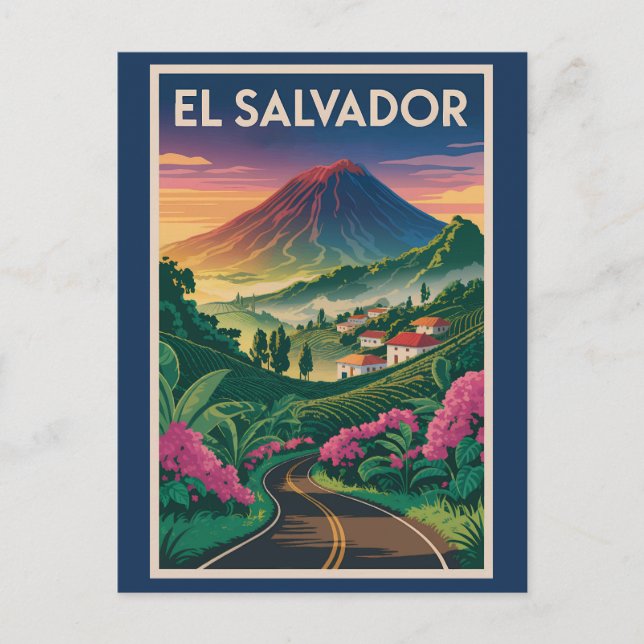 Postal El Salvador Volcán Ilustracion Viaje Art Vintag (Anverso)