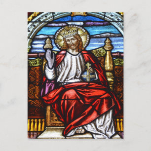 Postal El Señor Jesús en el vidrio manchado de trono