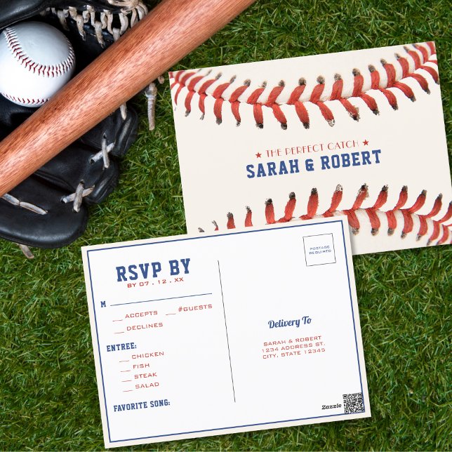 Postal El Softball de Béisbol La boda perfecta RSVP (Baseball Softball The Perfect Catch Wedding RSVP Postcard)