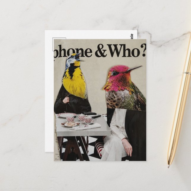 Postal El Sr. Meadowlark y la Sra. Hummingbird tomando té (Anverso/Reverso In Situ)