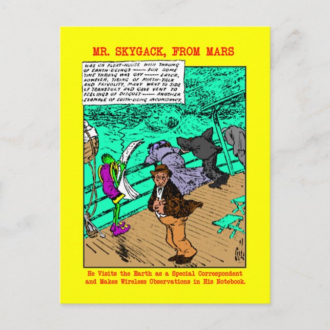 Postal El Sr. Skygack observa a los pasajeros mareados (Anverso)