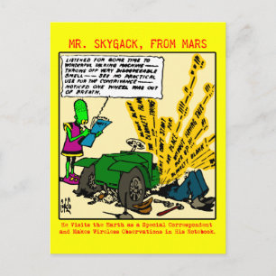 Postal El Sr. Skygack observa un automóvil averiado