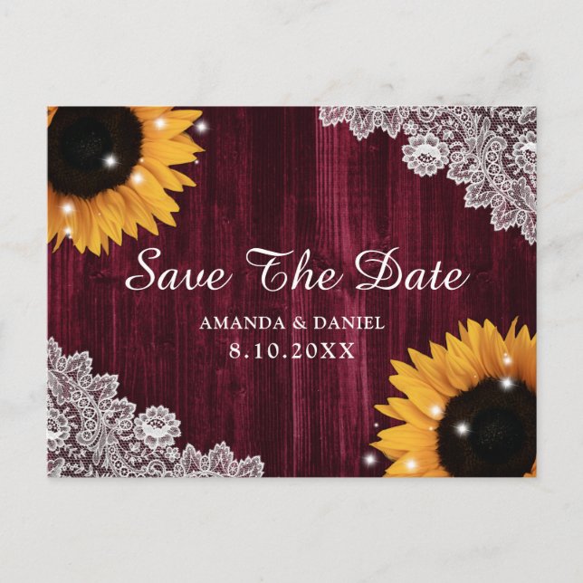 Postal El Sunflower Burgundy Wood Lace Rustic Save The Da (Anverso)