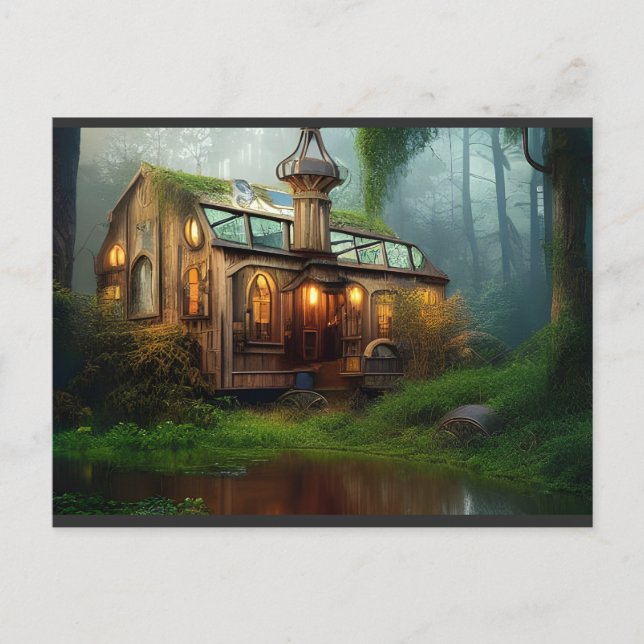 Postal El taller sobre el río | Steampunk (Anverso)