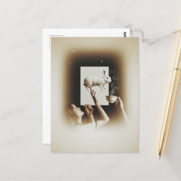 Postal El té surrealista con el conejo blanco