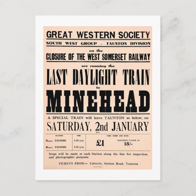Postal El último tren de luz diurna a Minehead UK (Anverso)