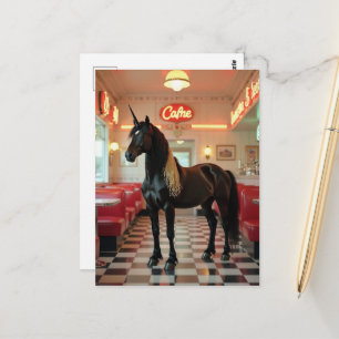 Postal El unicornio en una cafetería con melena de espagu