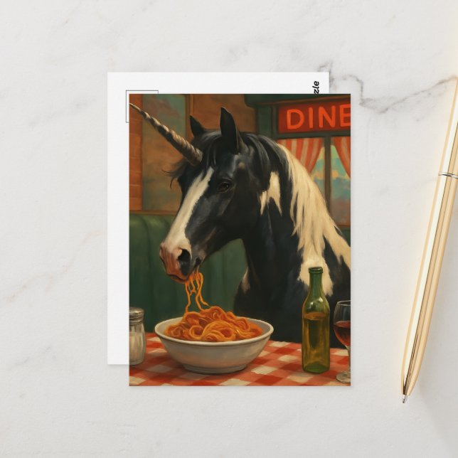 Postal El unicornio pinto en una cafetería comiendo Espag (Anverso/Reverso In Situ)