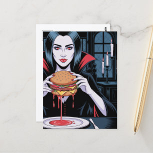 Postal El vampiro con una hamburguesa con queso