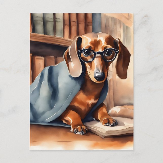 Postal El viejo Dachshund en la vieja biblioteca (Anverso)