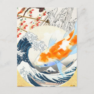Postal El viejo estanque de Koi Oro de la Cultura Japones