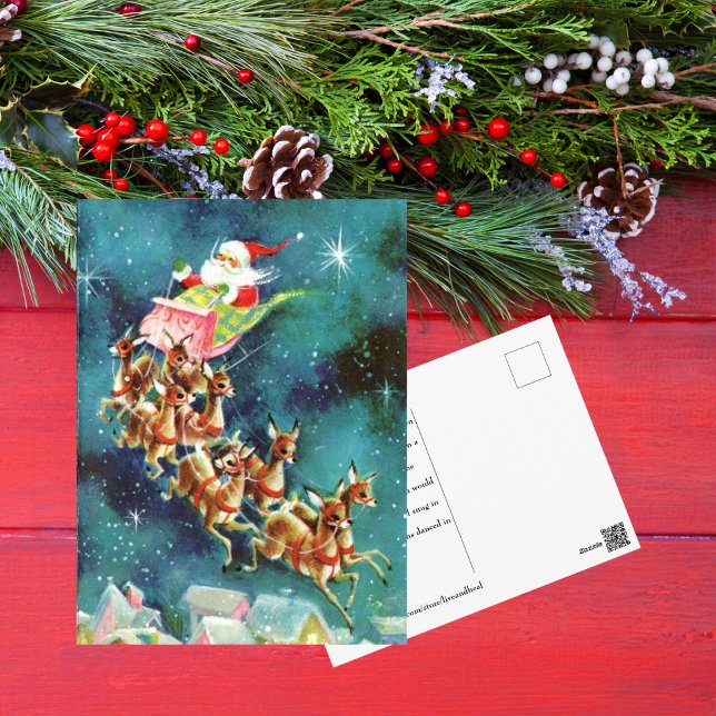 Postal El Viejo Santa Claus Volando Renos Sobre Las Casas (Subido por el creador)