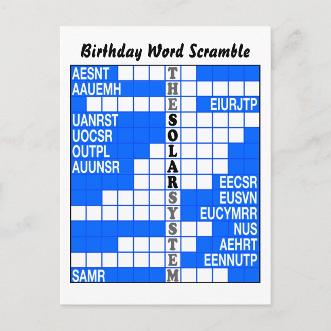 Postal El Word Scramble del sistema solar (Anverso)