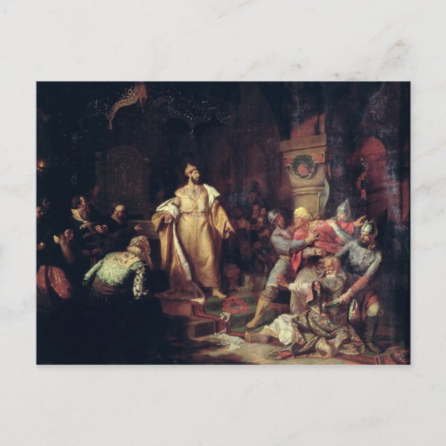 Postal El zar Iván III rompiendo la escritura del Khan tá (Anverso)