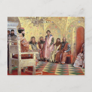 Postal El zar Mikhail Fyodorovich con los Boyars