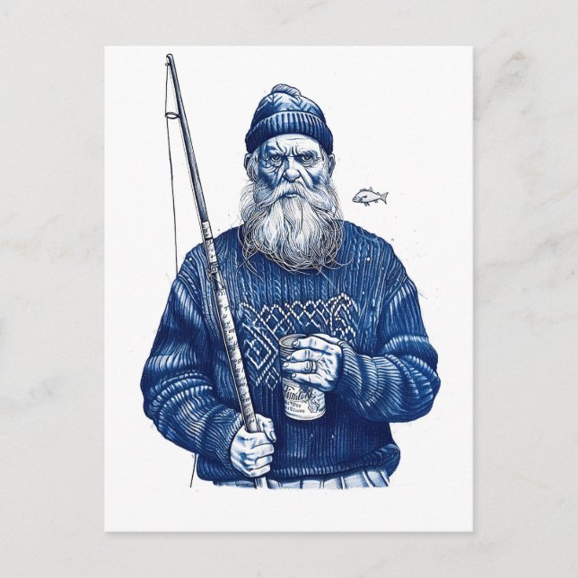 Postal Elderly Sailor Holding Fishing Rod And Mug (Anverso)