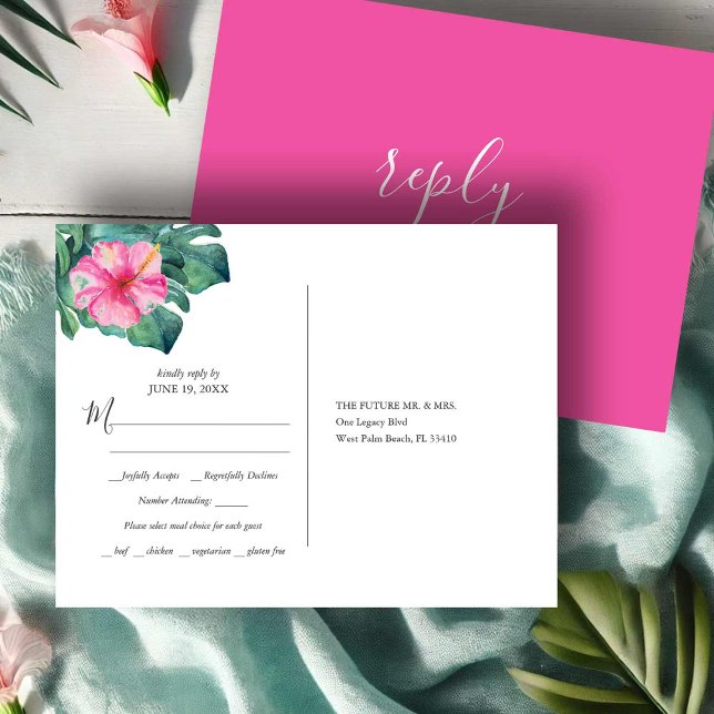 Postal Elección de comida para boda en destino tropical R (RSVP postcard vibrant pink tropical hibiscus flowers watercolor Victoria Grigaliunas Do Tell A Belle)