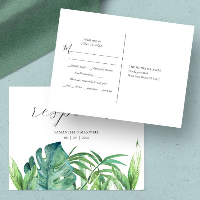 Postal Elección de la comida del Boda de la Palma Tropica (rsvp postcard features tropical monstera and palm leaves watercolor art by Victoria Grigaliunas)