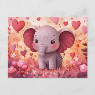 Postal Elefante Adorable Calf Corazones y Flores