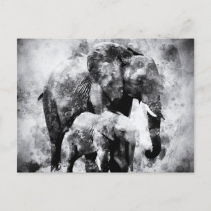 Postal Elefante africano con becerro negro y blanco