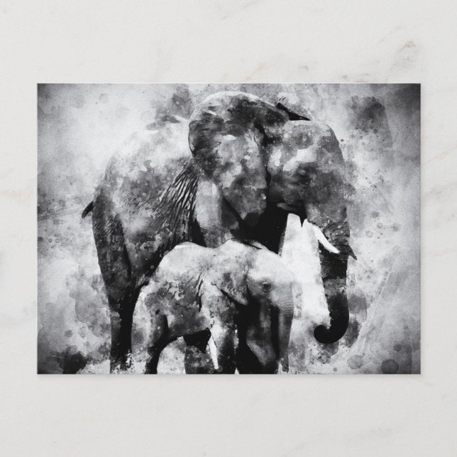 Postal Elefante africano con becerro negro y blanco (Anverso)