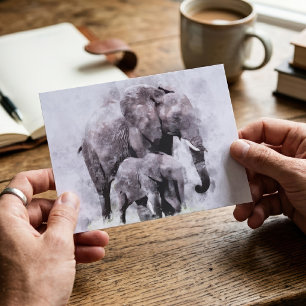 Postal Elefante africano hembra con cría Acuarela