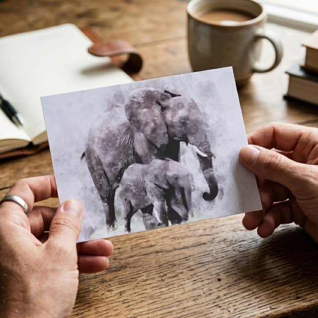 Postal Elefante africano hembra con cría Acuarela (Female African Elephant with Calf Watercolor. Postcard )