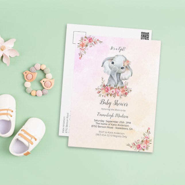 Postal Elefante Baby Shower Boho Moda Coral acuarela (Subido por el creador)