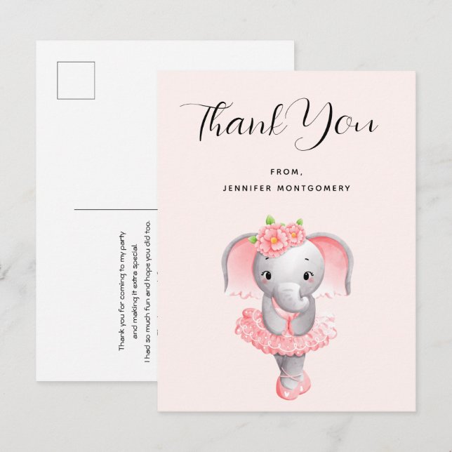 Postal Elefante Bailarina Rosa y Gris Gracias (Anverso / Reverso)
