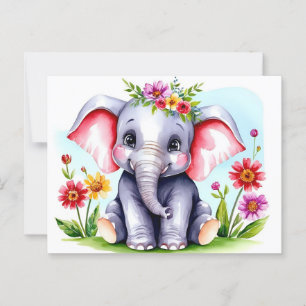 Postal Elefante bebé con flores en acuarela 