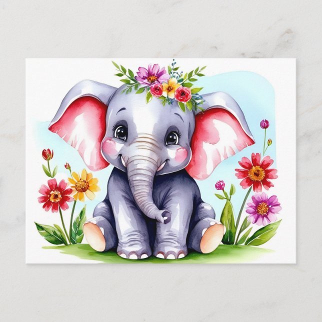 Postal Elefante bebé con flores en acuarela  (Anverso)