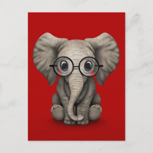 Postal Elefante bebé lindo con gafas de lectura rojo