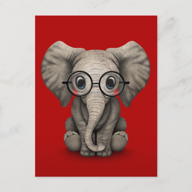 Postal Elefante bebé lindo con gafas de lectura rojo (Anverso)