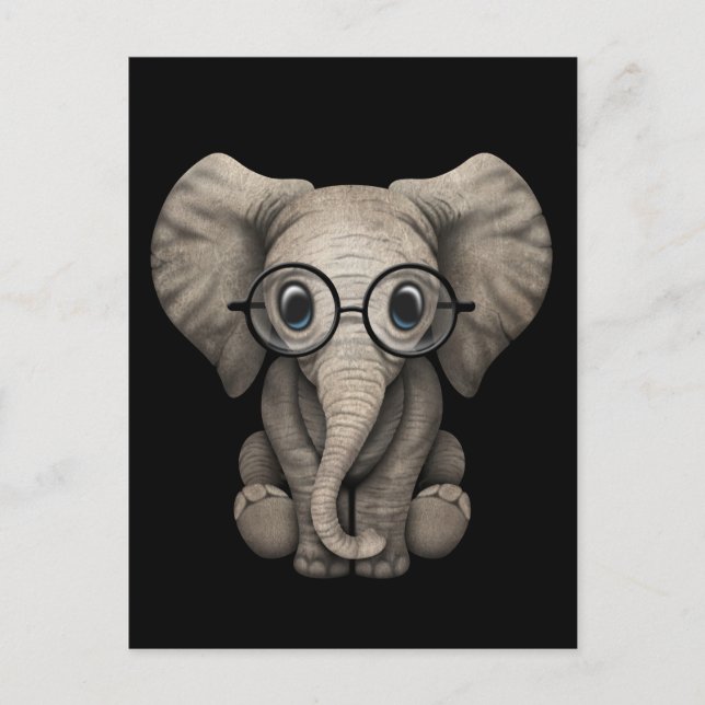 Postal Elefante bebé lindo con lentes de lectura negro (Anverso)
