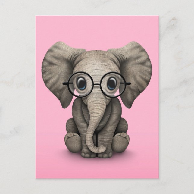Postal Elefante bebé lindo con lentes de lectura rosados (Anverso)