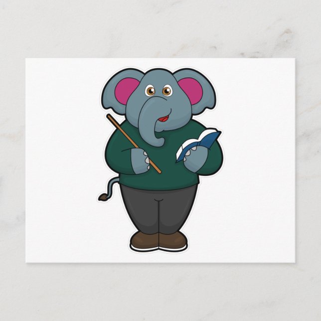 Postal Elefante como profesor con libro y puntero (Anverso)