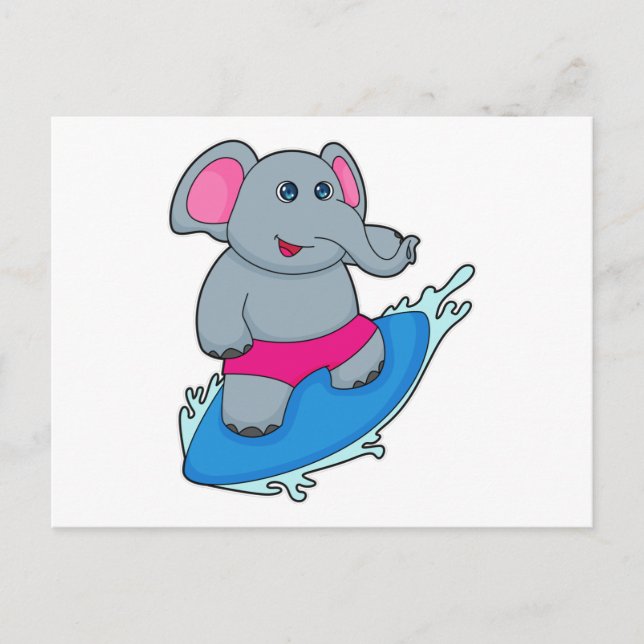 Postal Elefante como surfista con tabla de surf (Anverso)