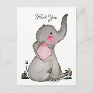Postal Elefante De Bebé Cuto De Acuarela Con Flores Peque