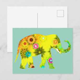 Postal Elefante de estilo de dibujos animados Flores vibr