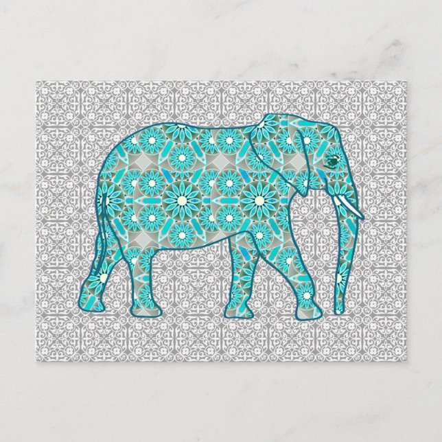 Postal Elefante de flores de Mandala - turquesa, gris y b (Anverso)