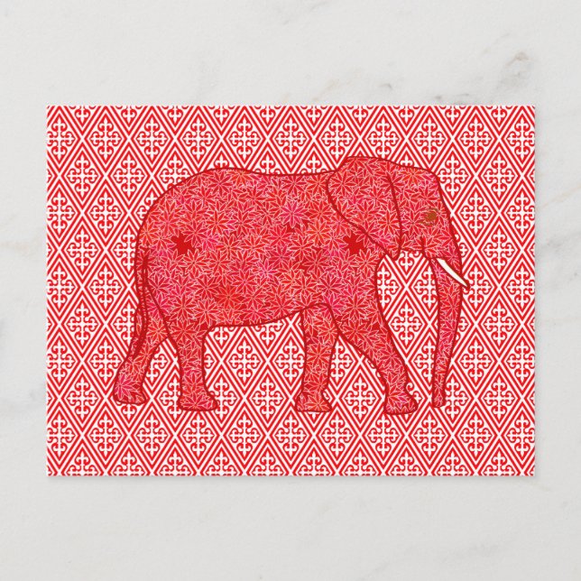 Postal elefante de flores - rojo profundo y coral (Anverso)