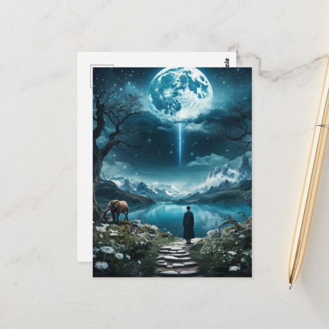 Postal Elefante de luna llena y mujer (Anverso/Reverso In Situ)