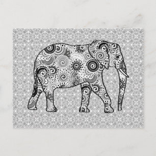 Postal elefante de remolino fractal - gris, negro y blanc