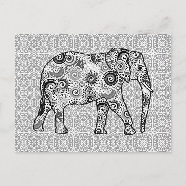 Postal elefante de remolino fractal - gris, negro y blanc (Anverso)
