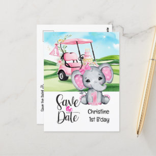 Postal Elefante del 1er cumpleaños de golf y carrito de g